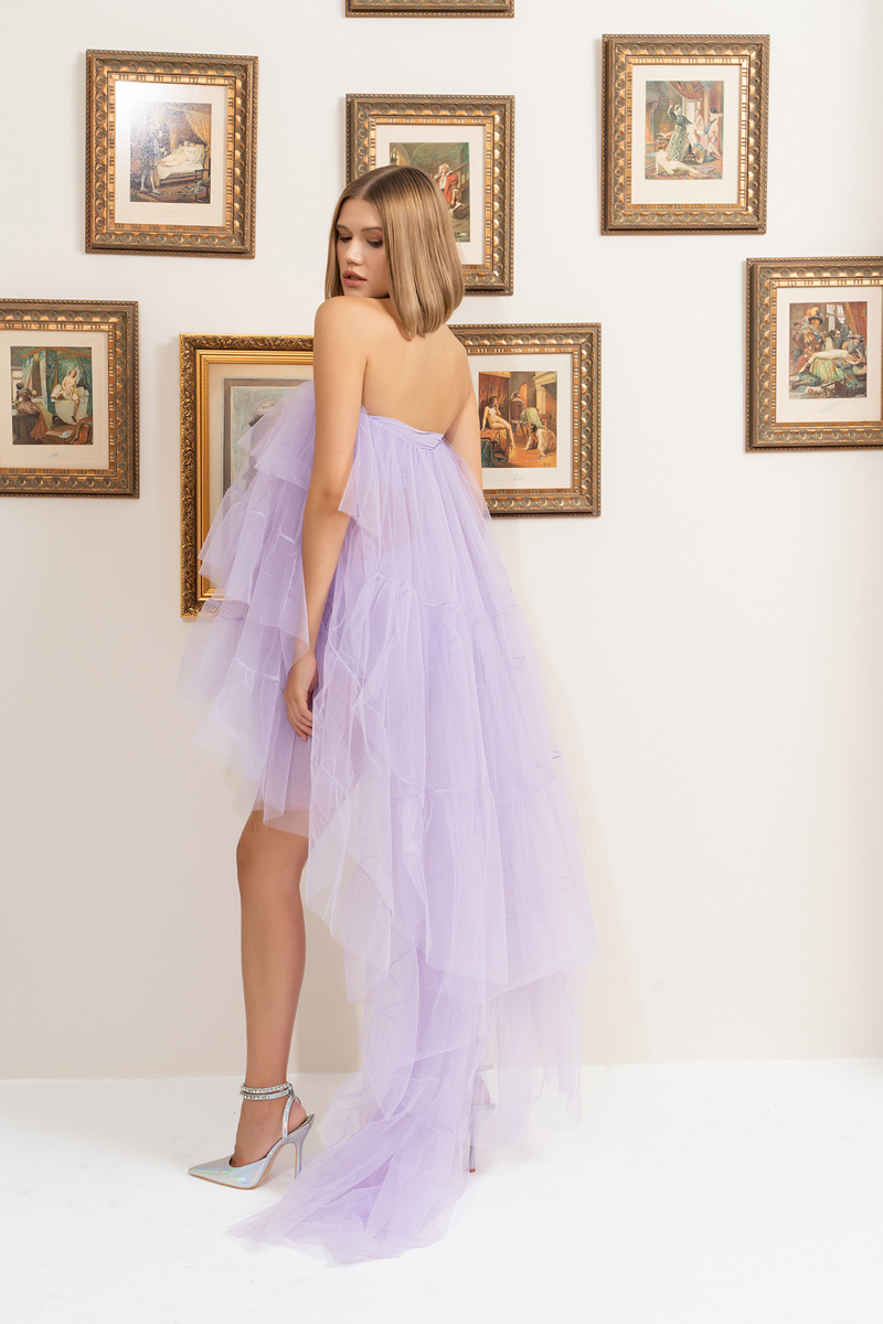 Wholesale Tulle Detail Strapless New Lilac Sheer Mini Dress