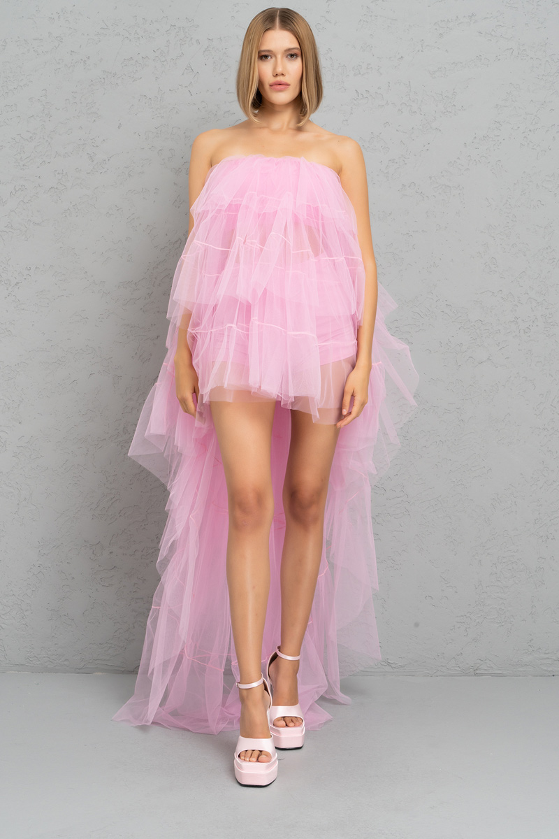 Wholesale Tulle Detail Strapless New Pink Sheer Mini Dress
