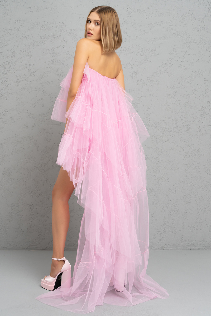 Tulle Detail Strapless New Pink Sheer Mini Dress