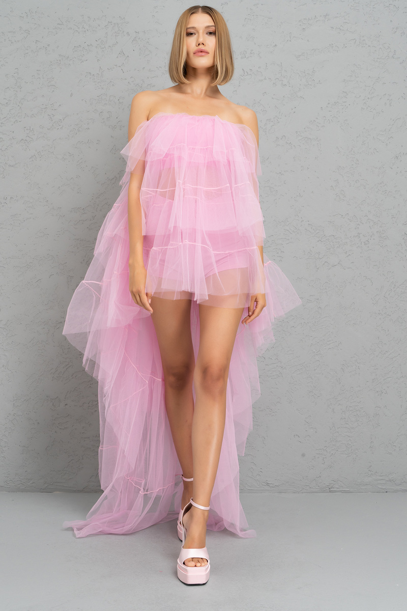 Tulle Detail Strapless New Pink Sheer Mini Dress