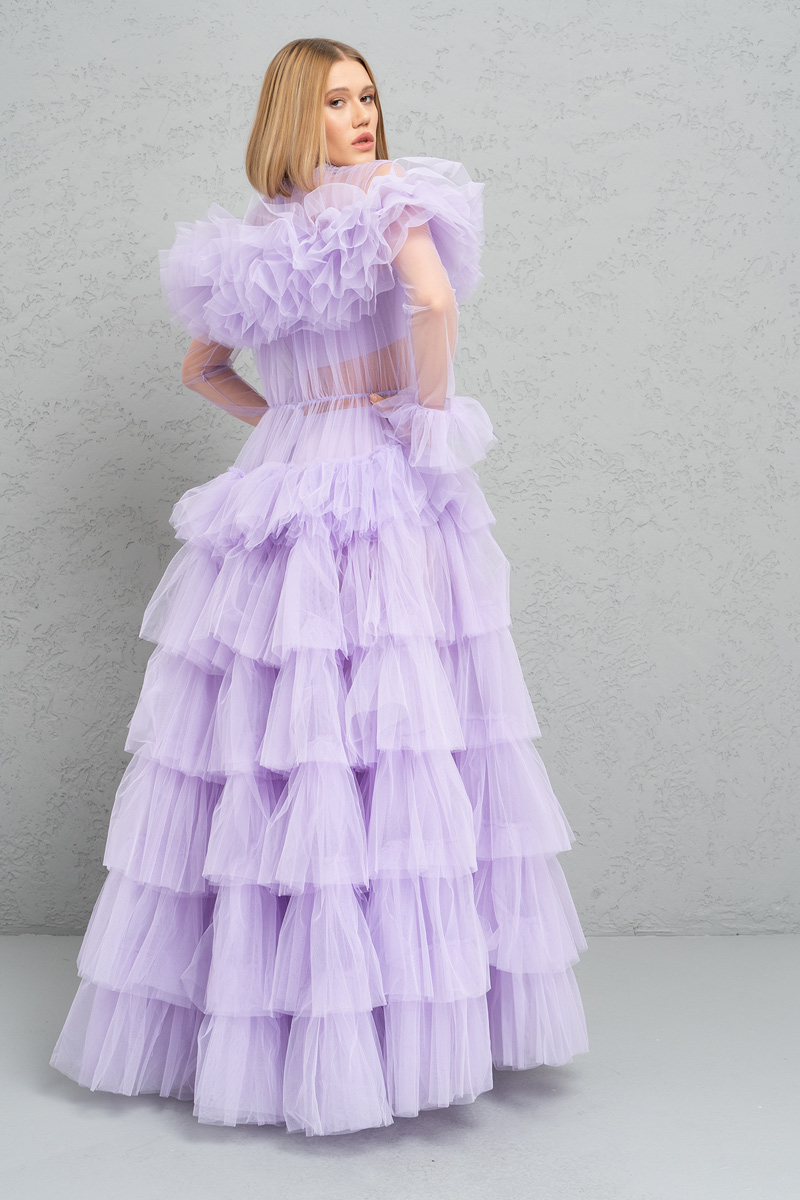 Wholesale Ruffle Sheer New Lilac Maxi Dress