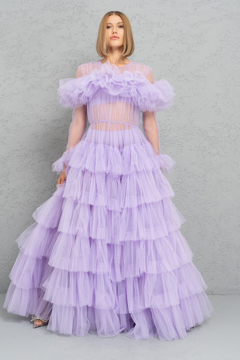 Wholesale Ruffle Sheer New Lilac Maxi Dress