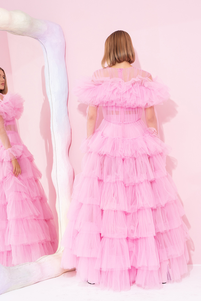 Wholesale Ruffle Sheer New Pink Maxi Dress