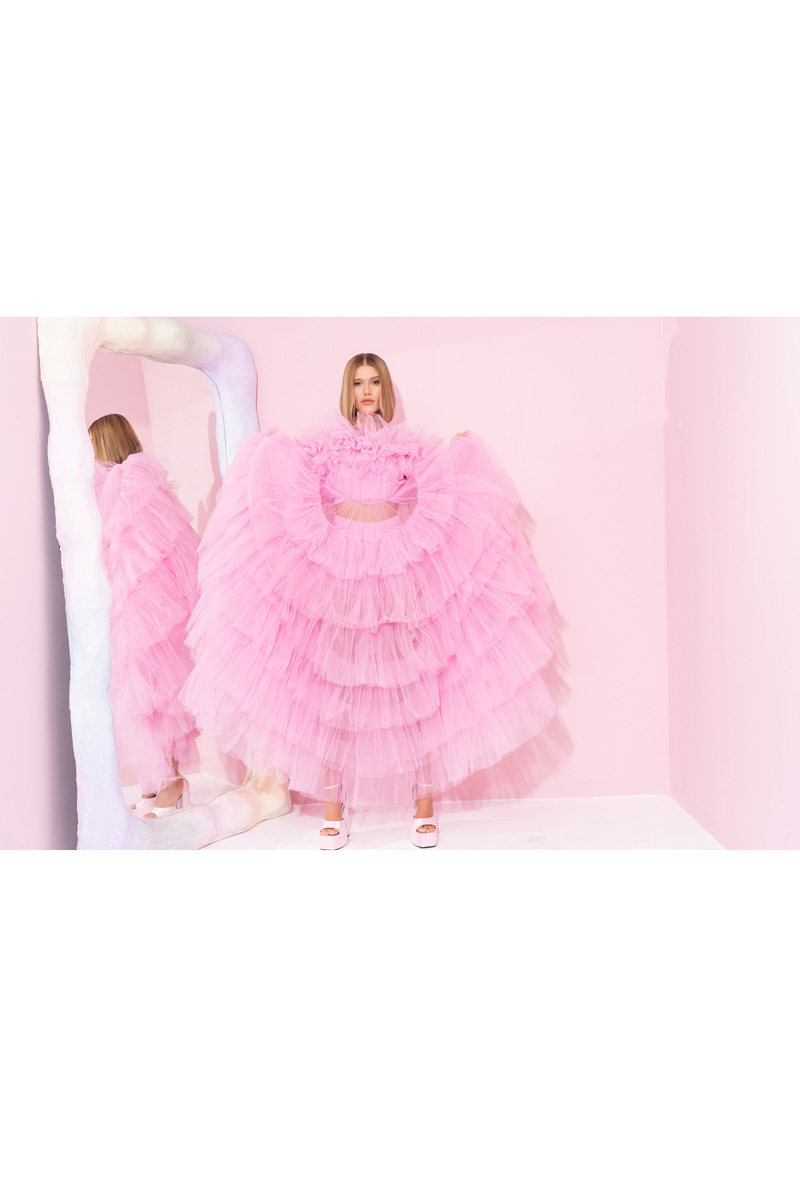 Wholesale Ruffle Sheer New Pink Maxi Dress