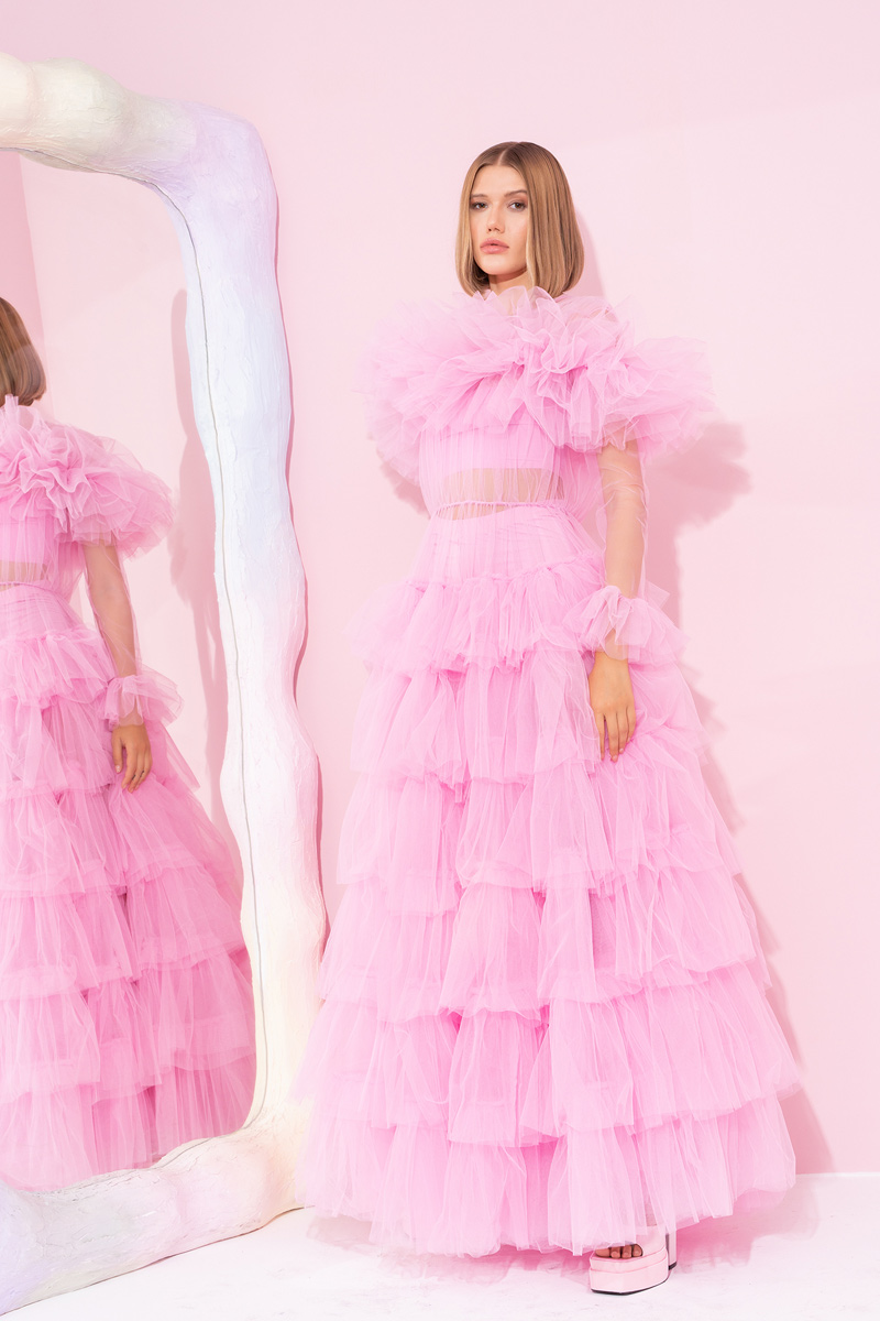 оптовая Прозрачное с рюшами New Pink Макси платье