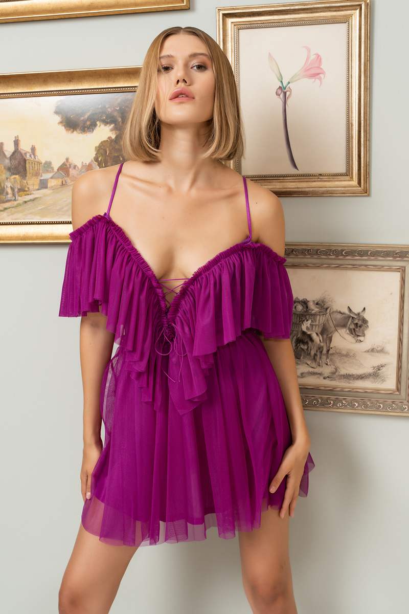 Wholesale Magenta Off-the-Shoulder Cami Tulle Dress