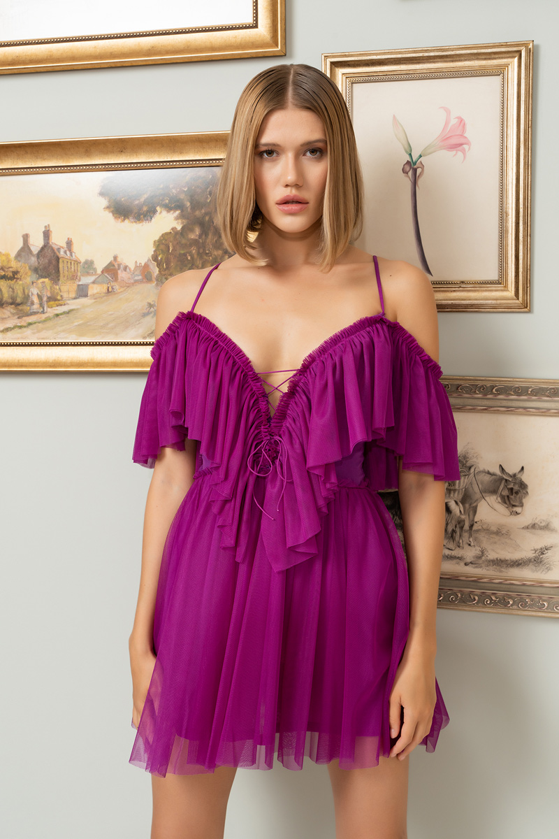 Magenta Off-the-Shoulder Cami Tulle Dress