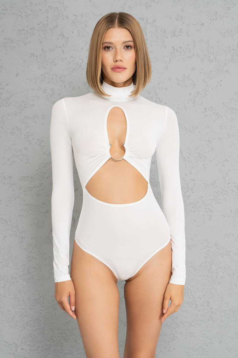 Wholesale Offwhite Cut Out Front Long-Sleeve Bodysuit