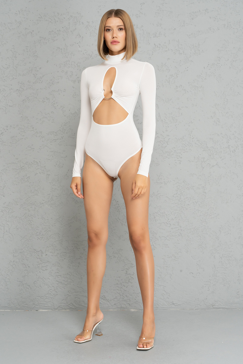 Wholesale Offwhite Cut Out Front Long-Sleeve Bodysuit