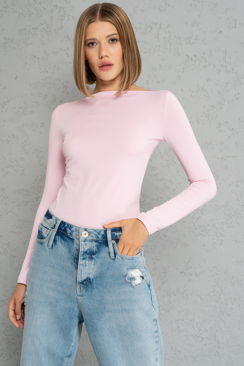 Boat Neck Long Sleeve Light Pink Top
