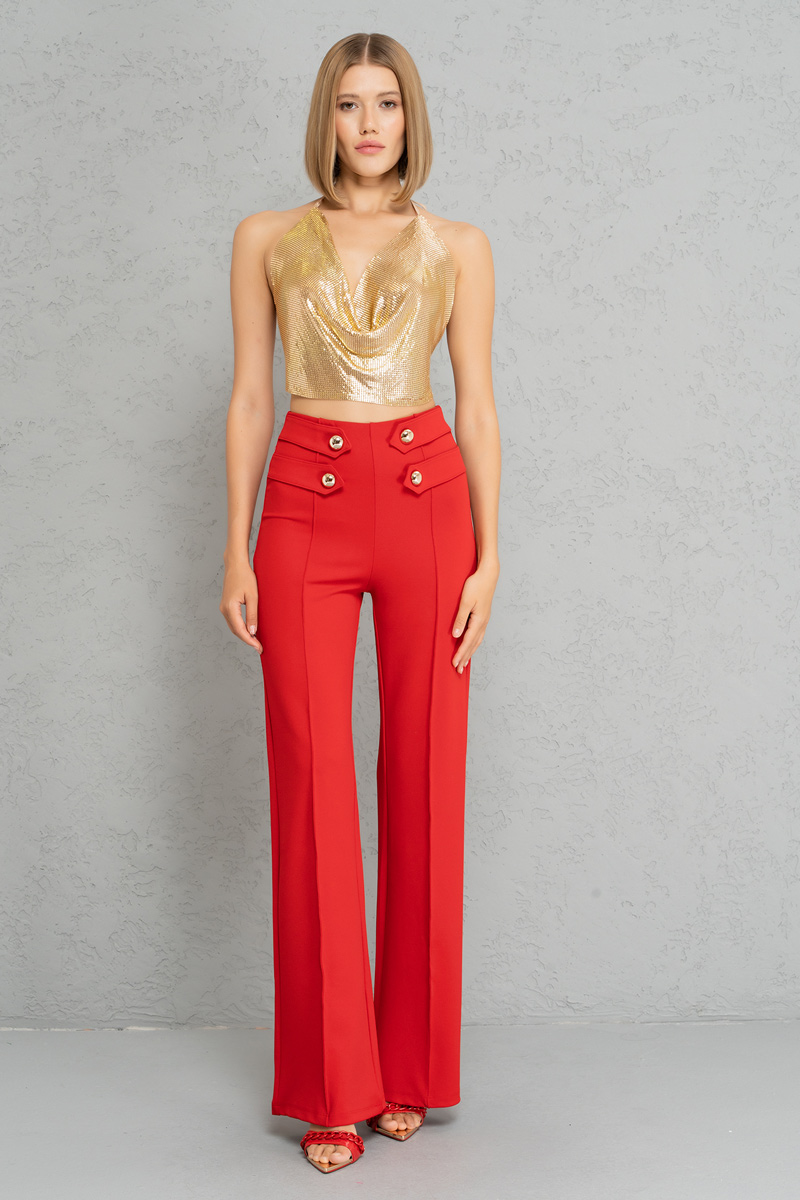 Wholesale Button Front Red Flare Pants
