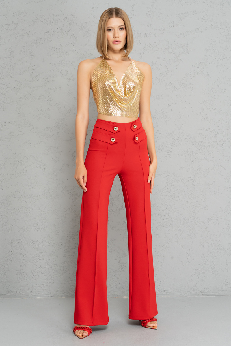 Button Front Red Flare Pants