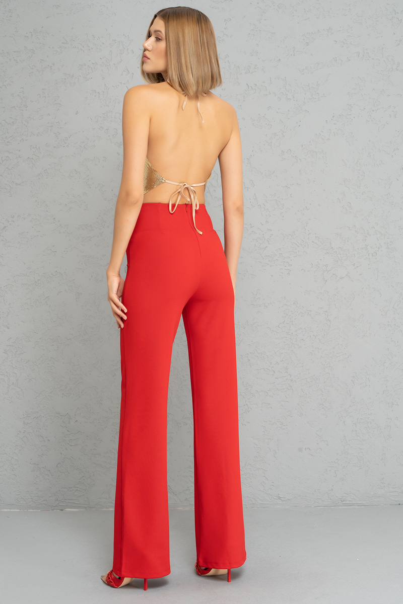 Button Front Red Flare Pants