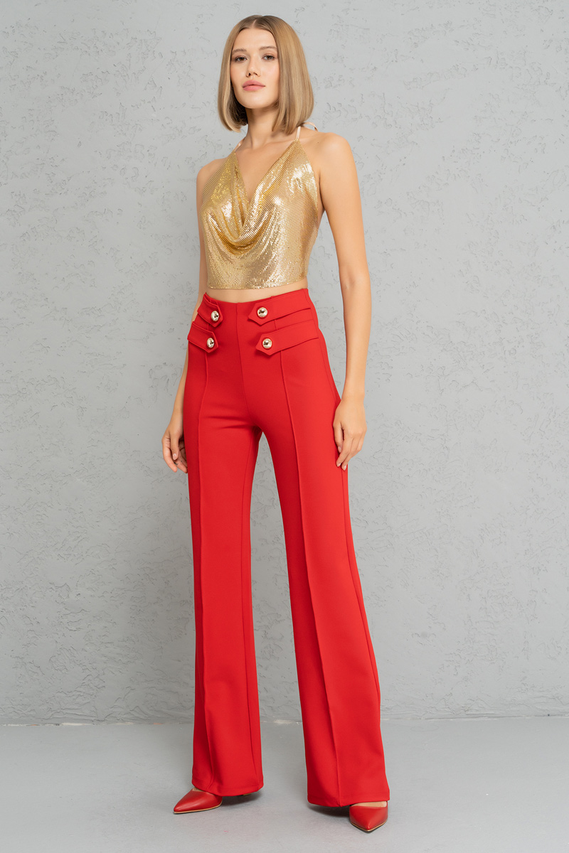 Wholesale Button Front Red Flare Pants