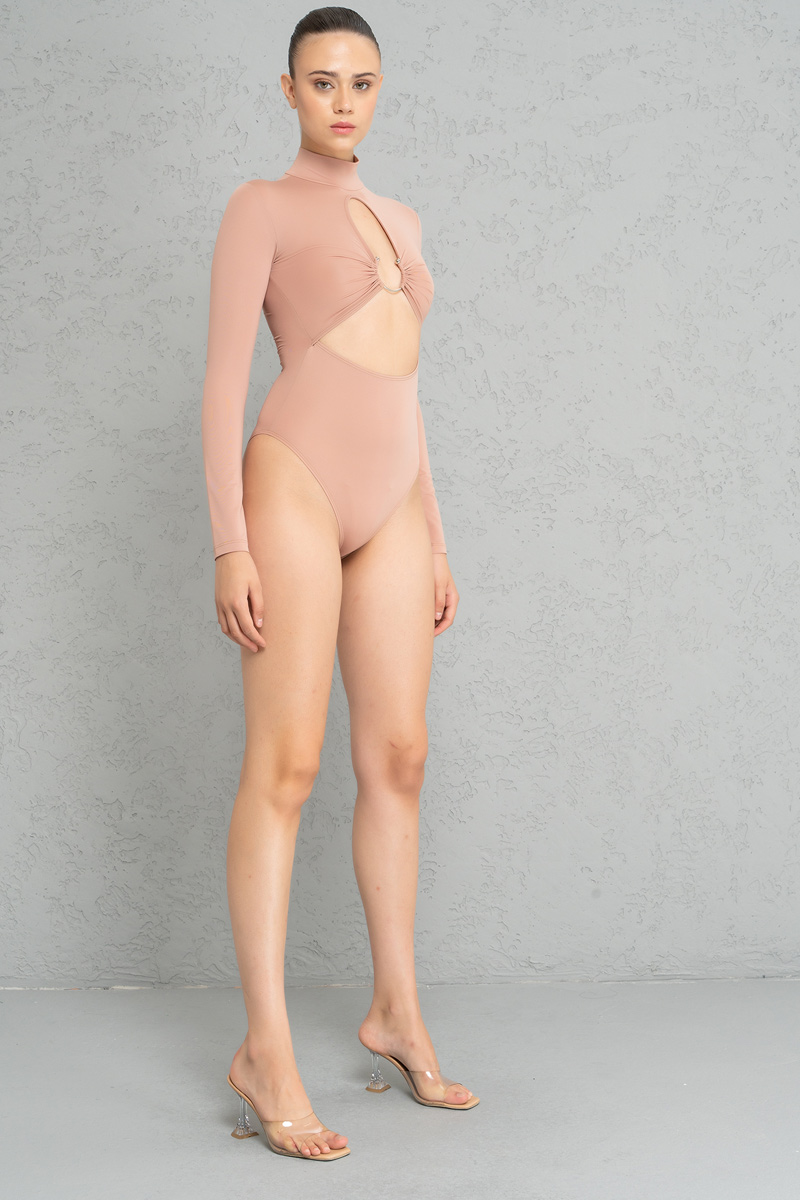Caramel Cut Out Front Long-Sleeve Bodysuit