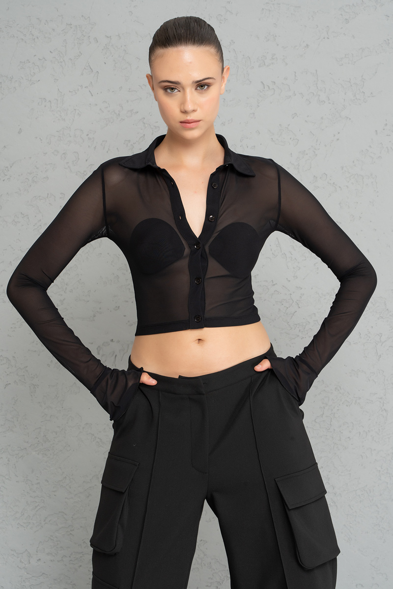 Black Crop Mesh Shirt