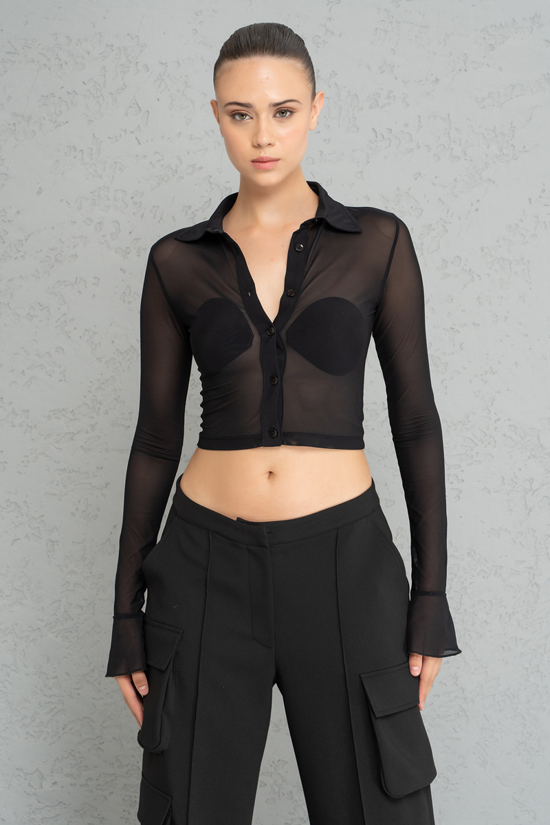 Black Crop Mesh Shirt