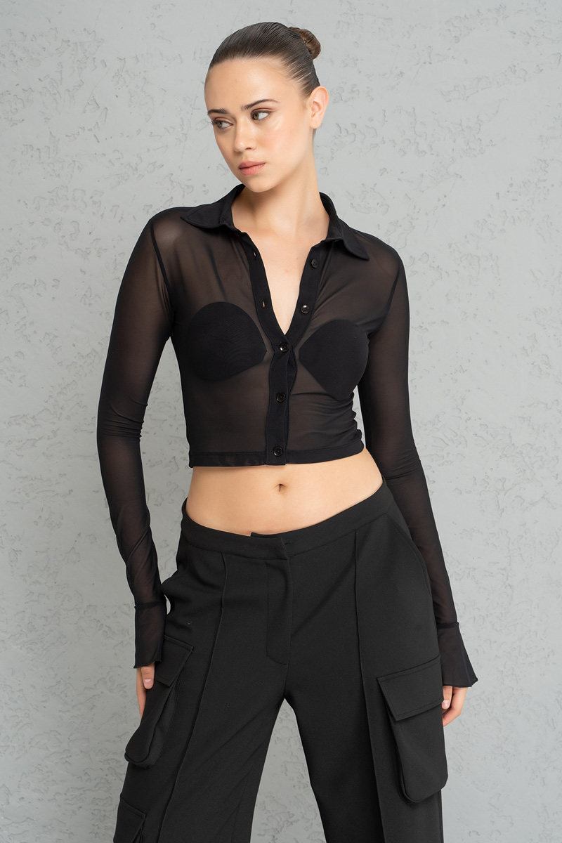 Black Crop Mesh Shirt