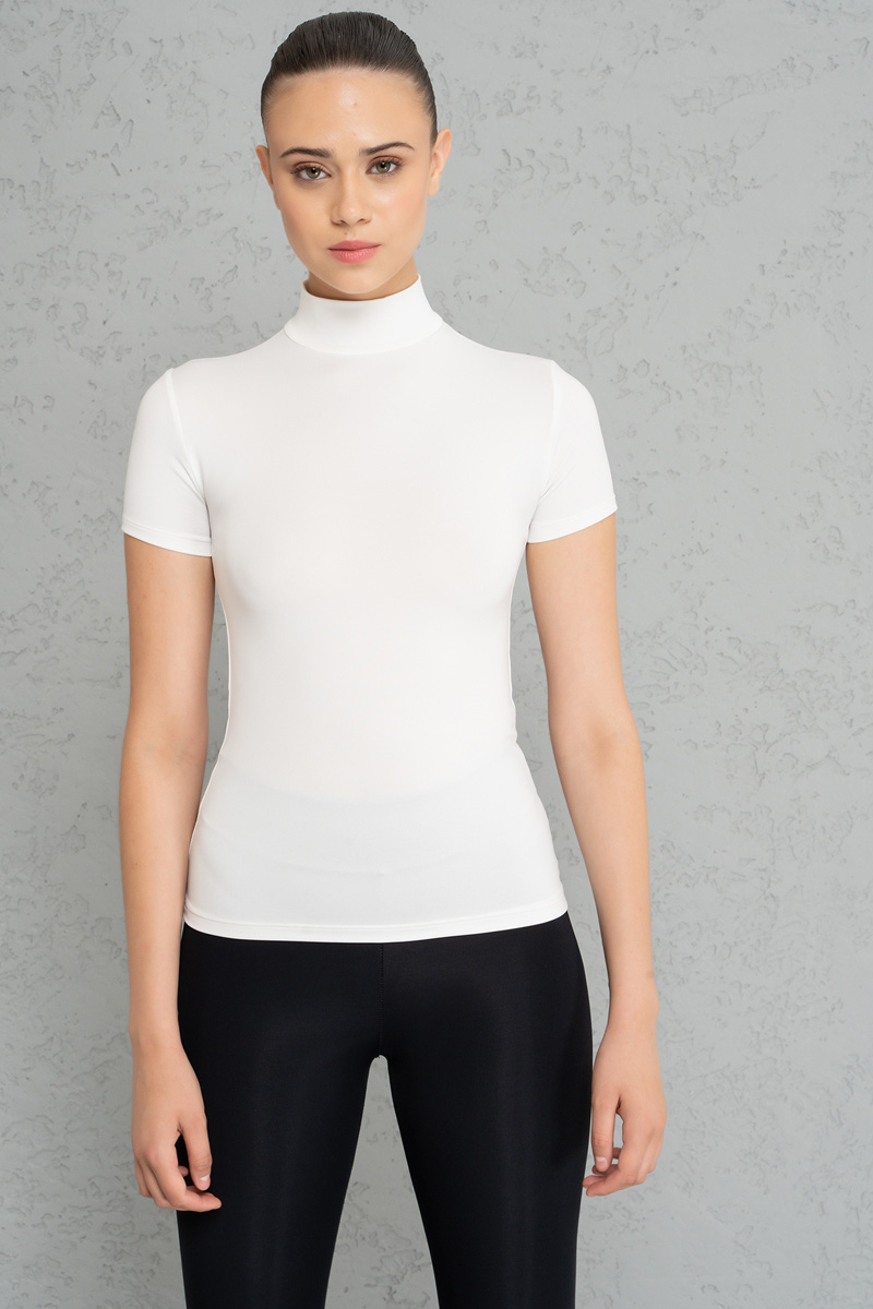 Wholesale Slim Fit Short Sleeve Roll Neck Offwhite Top