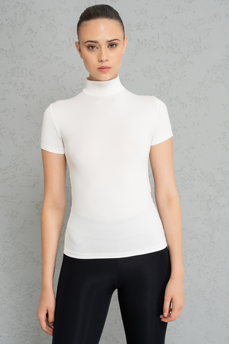 Wholesale Slim Fit Short Sleeve Roll Neck Offwhite Top