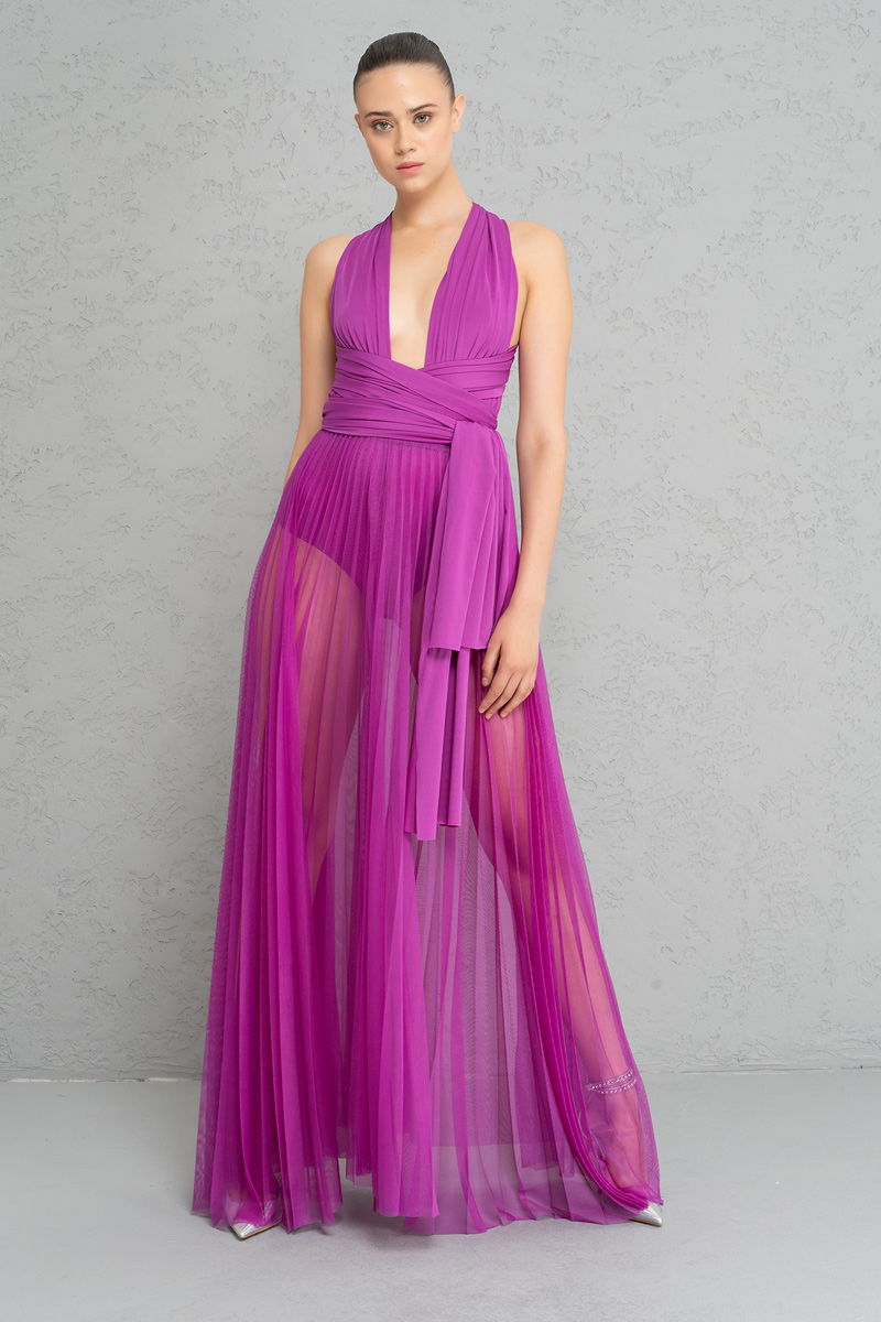 Sheer Pleated Maxi Skirt in  Magenta