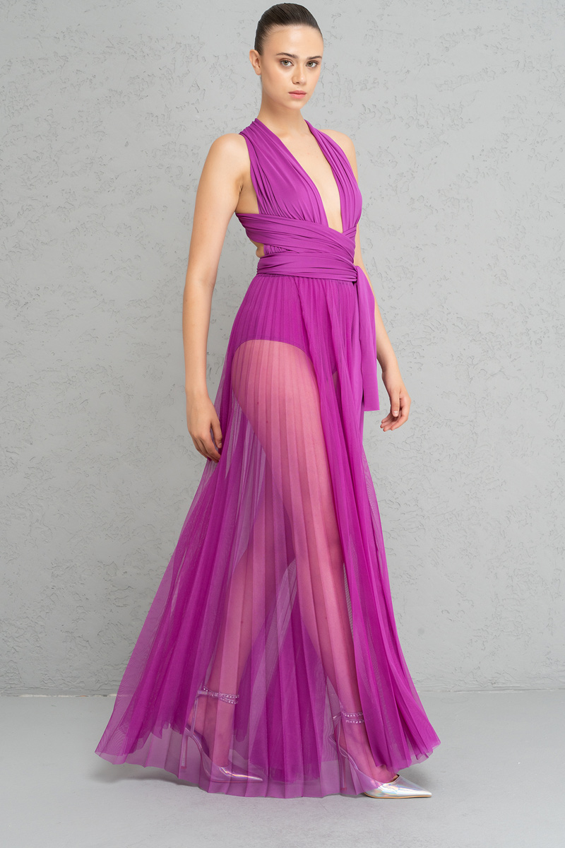 Sheer Pleated Maxi Skirt in  Magenta