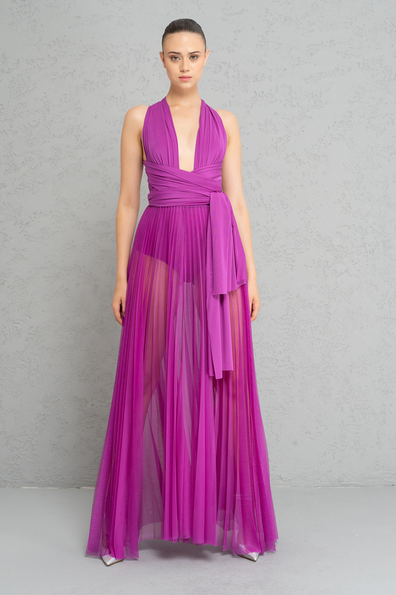 Sheer Pleated Maxi Skirt in  Magenta