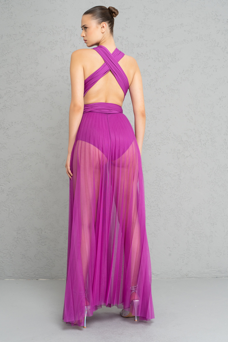 Sheer Pleated Maxi Skirt in  Magenta