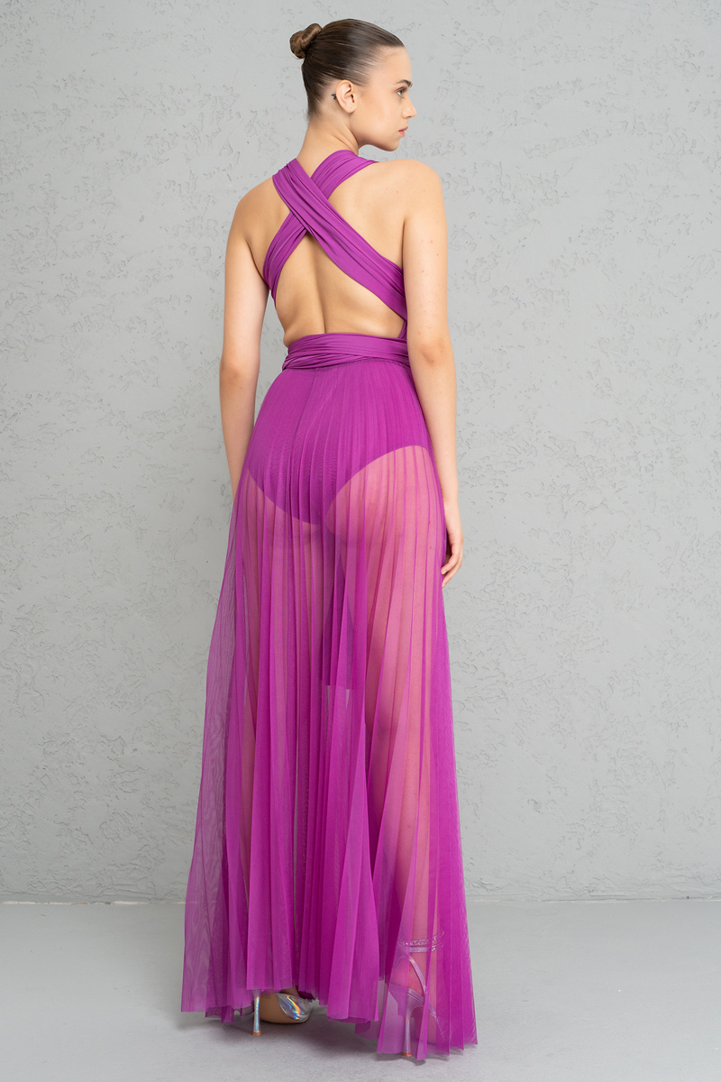 Sheer Pleated Maxi Skirt in  Magenta