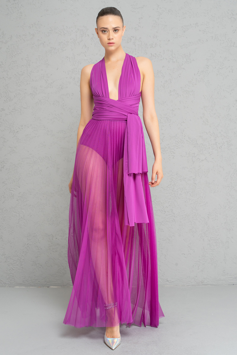 Sheer Pleated Maxi Skirt in  Magenta