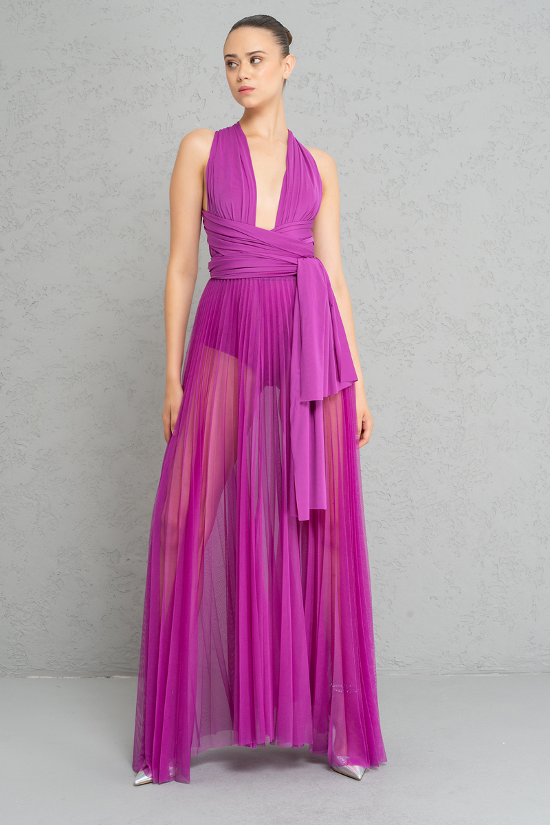 Sheer Pleated Maxi Skirt in  Magenta