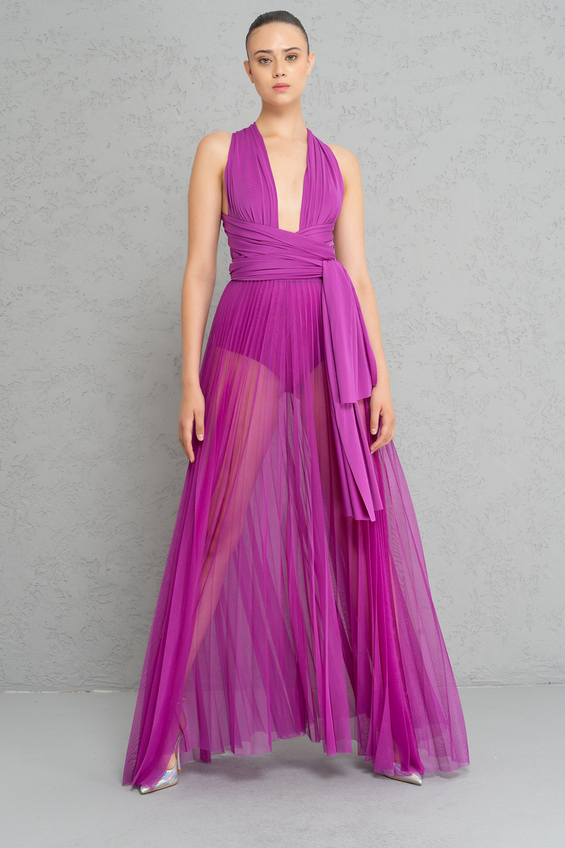 Sheer Pleated Maxi Skirt in  Magenta