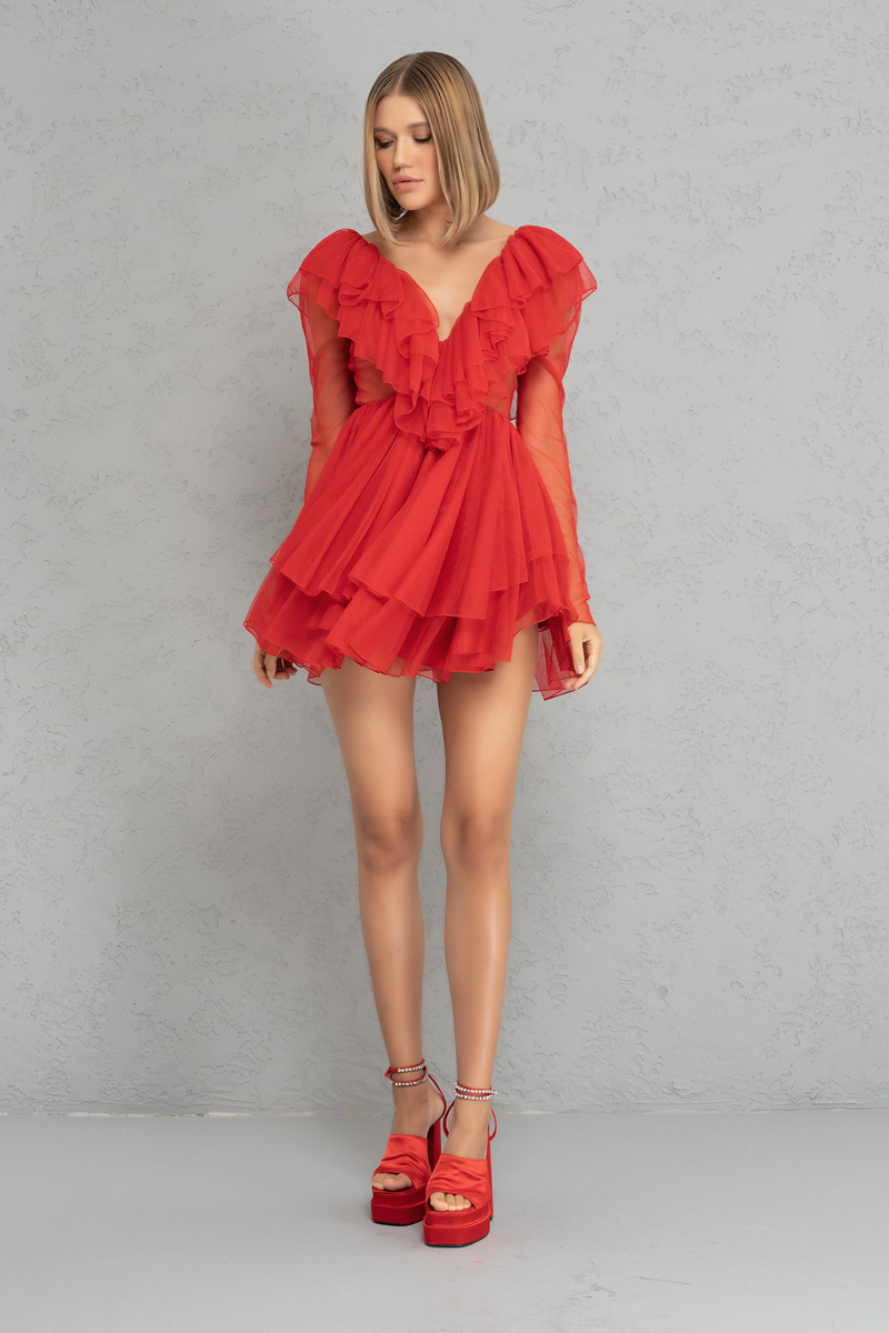 Wholesale V neck Ruffle Red Mini Tulle Dress