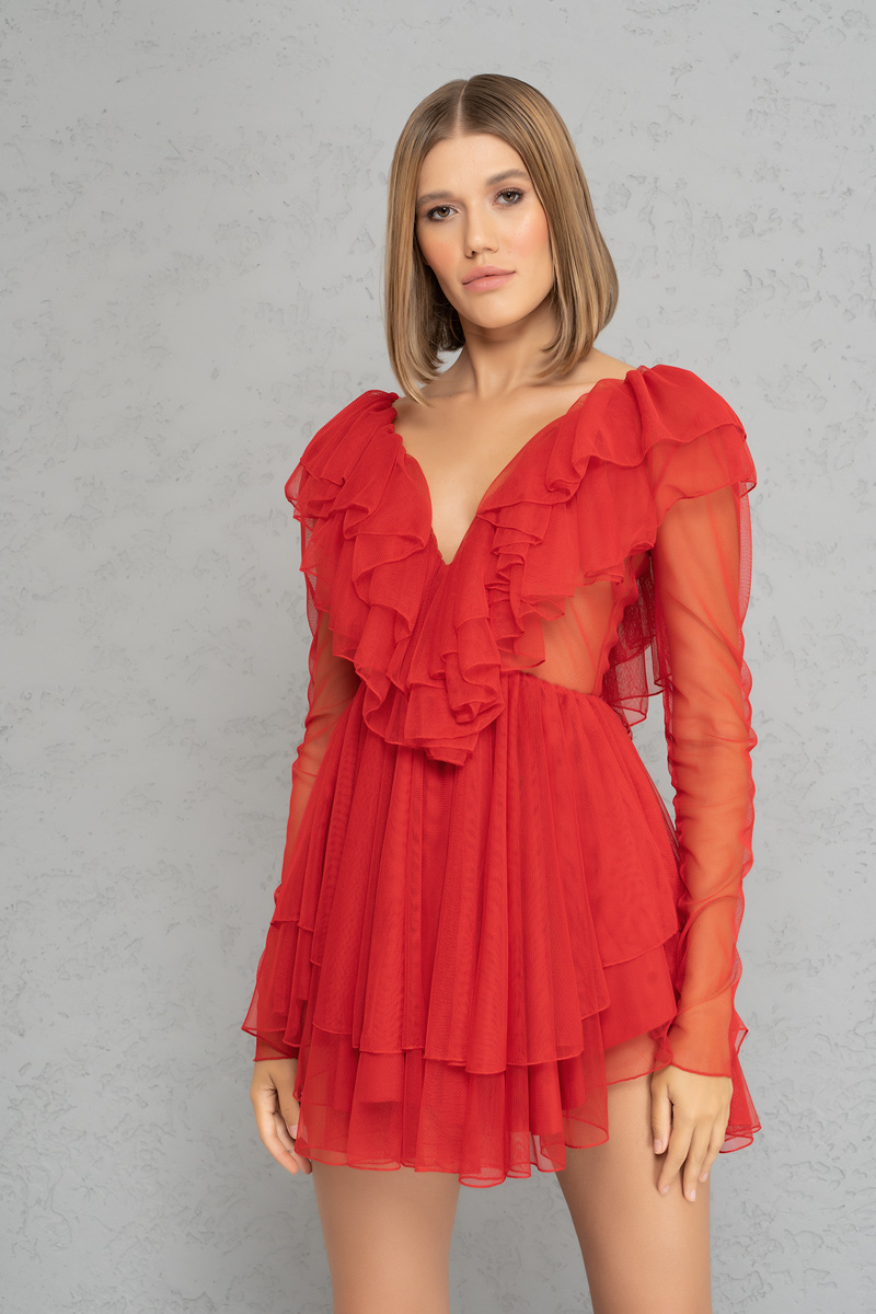 V neck Ruffle Red Mini Tulle Dress