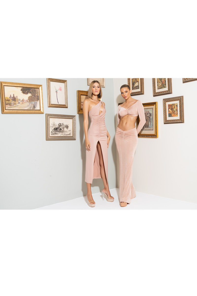 Nude Ruched-Front Crop Top & Skirt Set