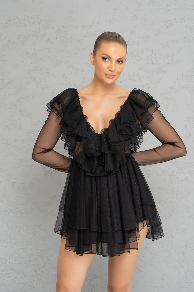 Wholesale V neck Ruffle Black Mini Tulle Dress