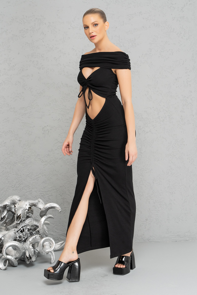 оптовая черный Cut Out Front Off-the-Shoulder Dress