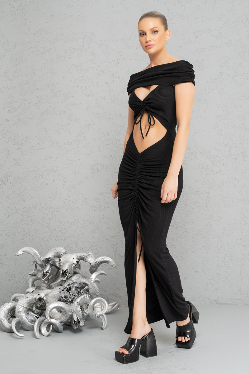 Wholesale Black Cut Out Front Off-the-Shoulder Dress