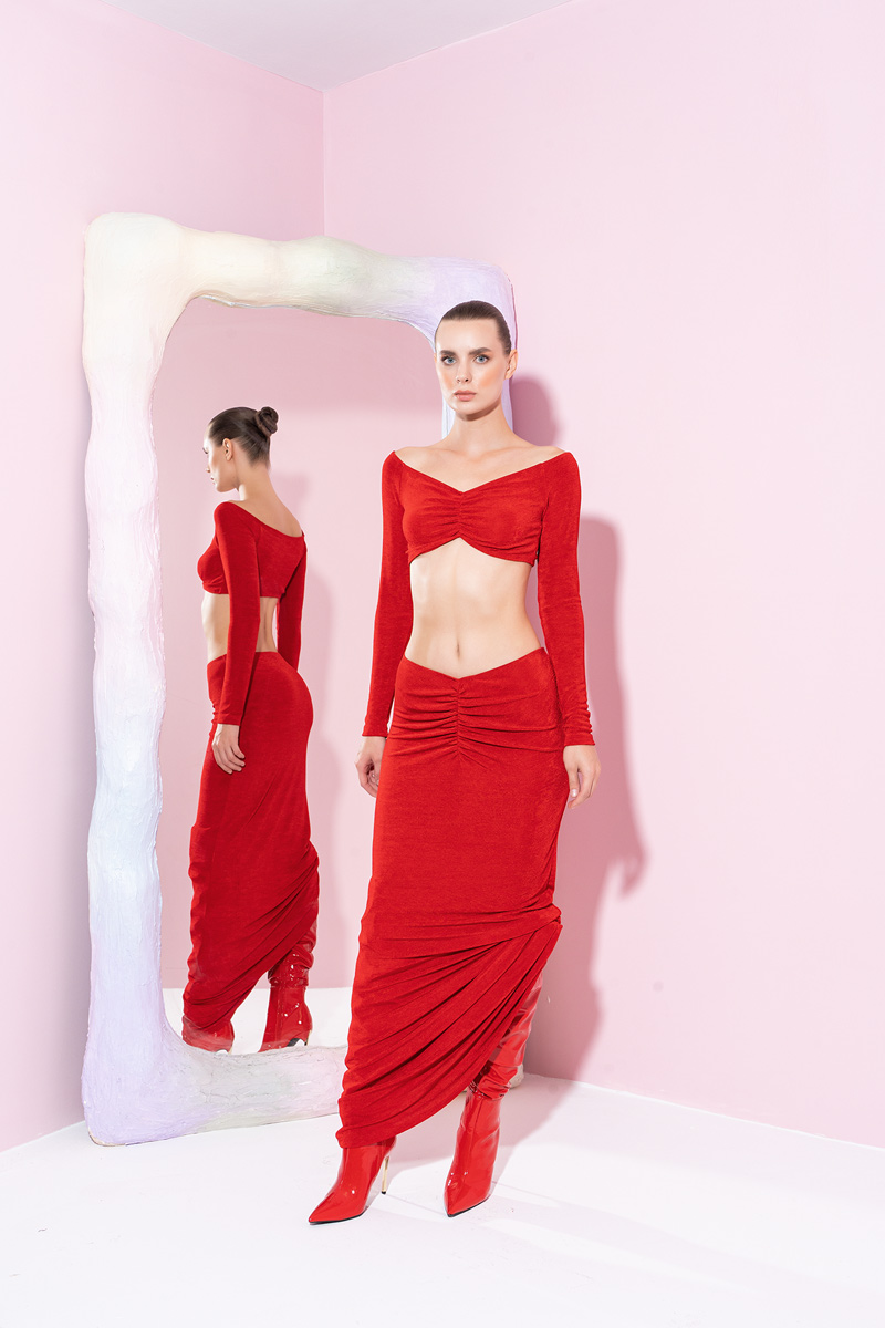 Wholesale Red Ruched-Front Crop Top & Skirt Set