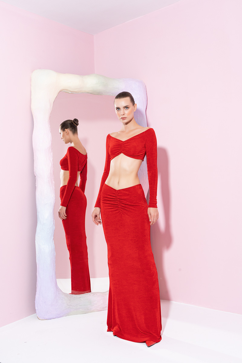 Red Ruched-Front Crop Top & Skirt Set