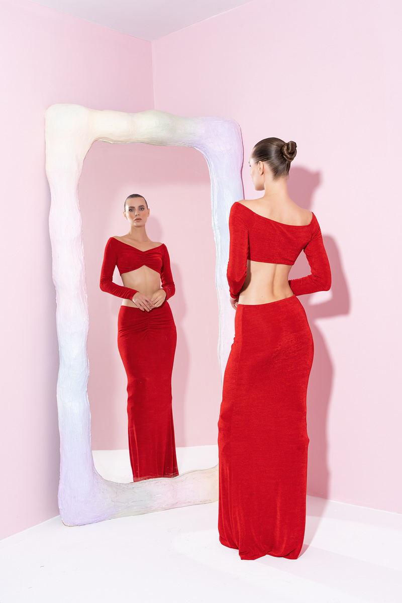оптовая красный Ruched-Front Crop Top & Skirt Set