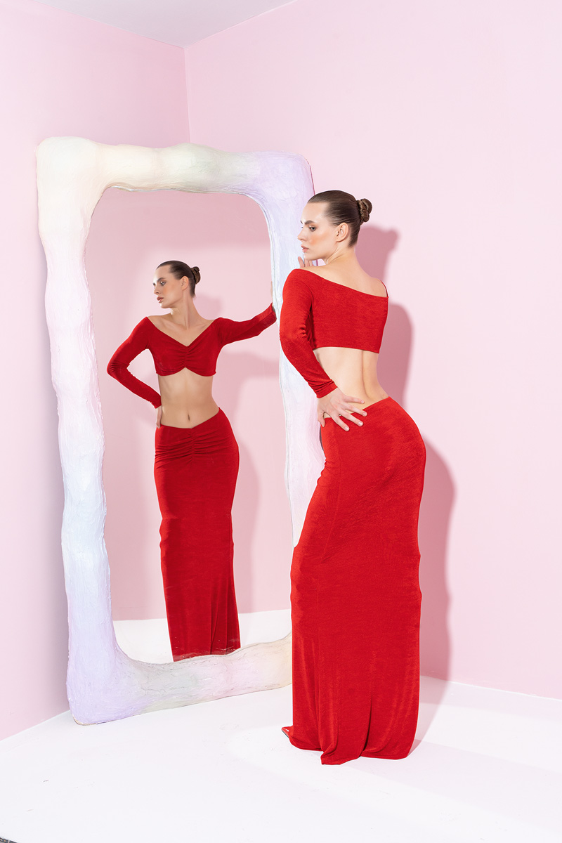 Red Ruched-Front Crop Top & Skirt Set