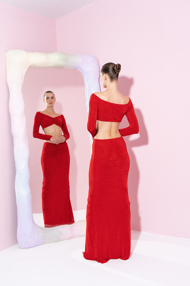 оптовая красный Ruched-Front Crop Top & Skirt Set