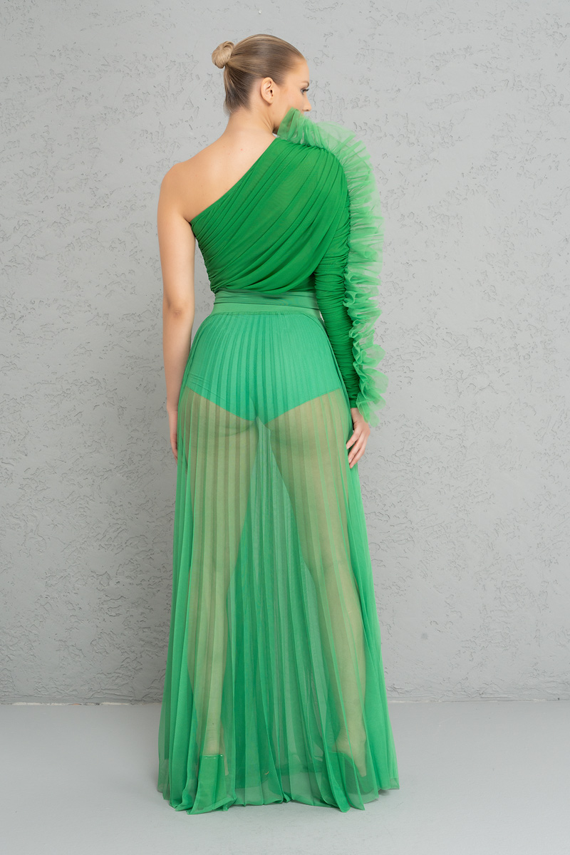 Wholesale Sheer Pleated Maxi Skirt in  Kelly Green