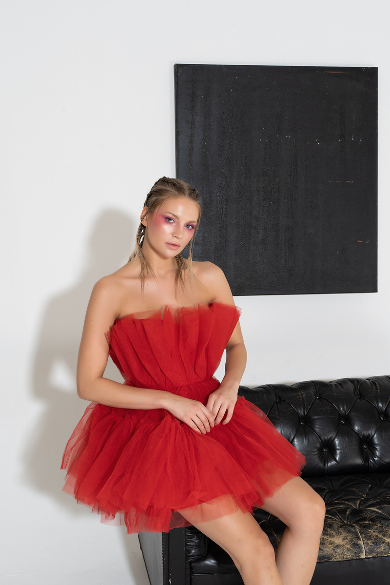 Red Off The Shoulder Mini Tulle Dress