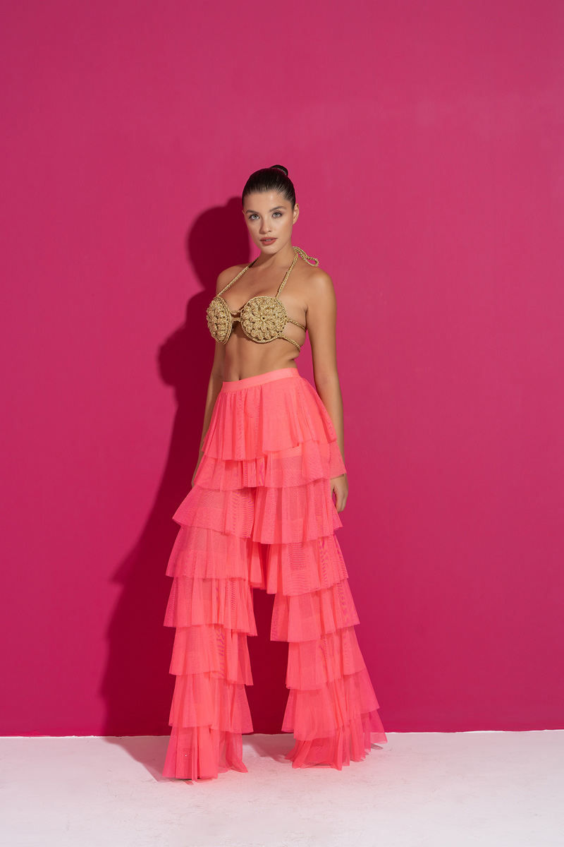 Wholesale Tiered Tulle Pants in Neon Pink