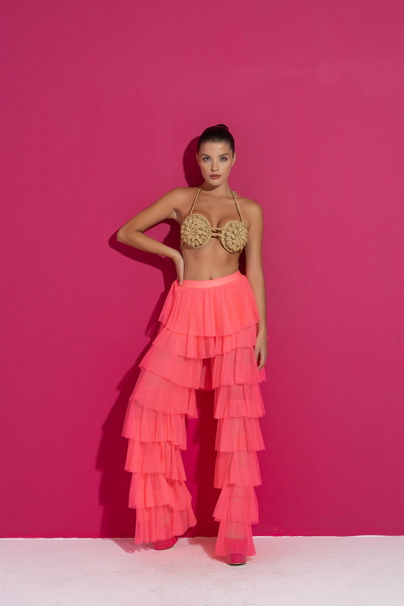 Wholesale Tiered Tulle Pants in Neon Pink