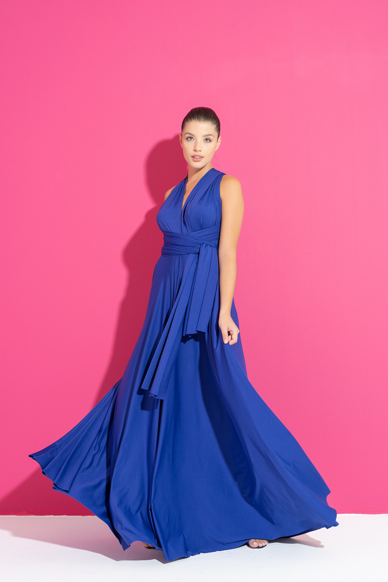 Wholesale V Neck Sleeveless Saks Blue Pleated Long Dress