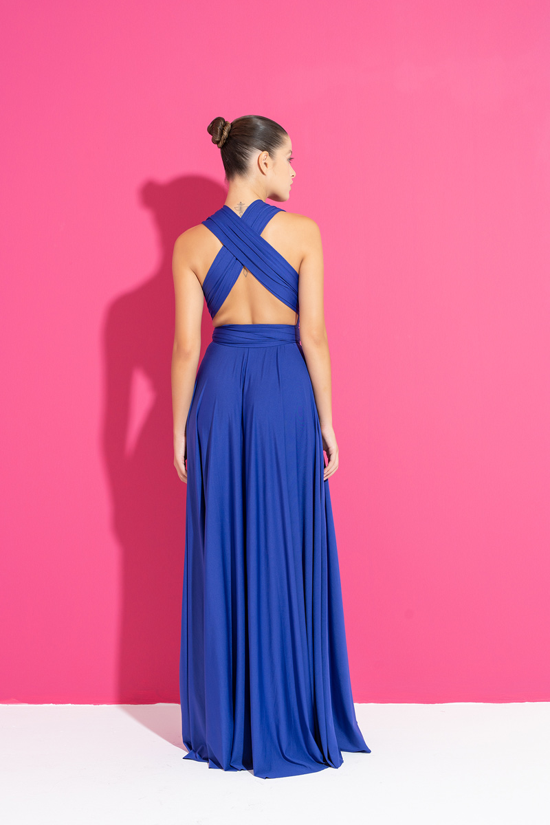 Wholesale V Neck Sleeveless Saks Blue Pleated Long Dress