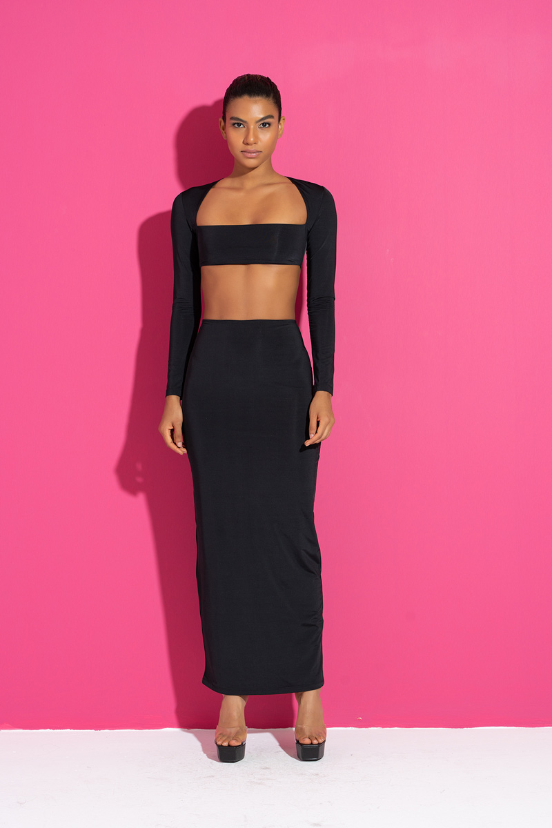 Black Long-Sleeve Crop Top & Skirt Set